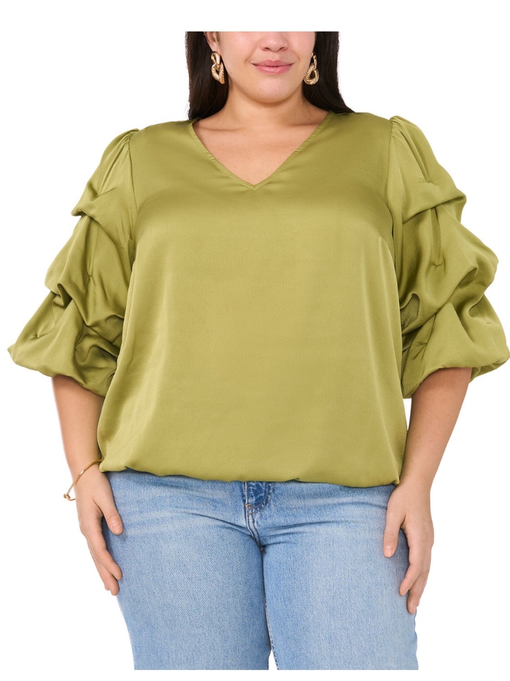 NWT Vince Camuto Sz 2X Plus Women’s Green V-neck Bubble Sleeve Blouse Top Rt $99